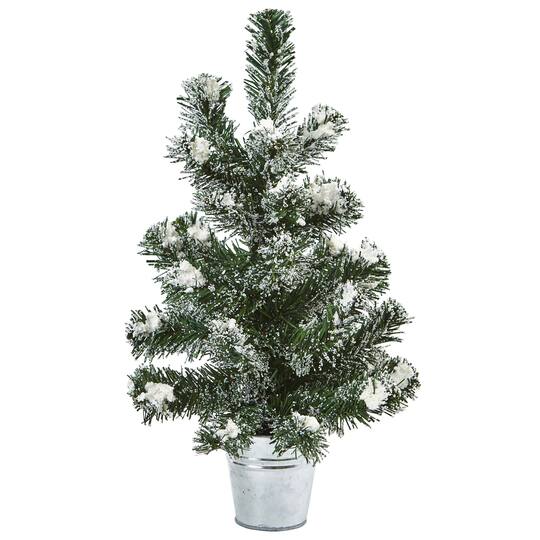 2 Pack 18" Unlit Snowy Mini Pine Artificial Christmas Trees with Tin Planters